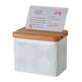 HOME PALETTE Recipe Box with Cards and Dividers Set 4x6 Recipe Holder for Kitchen Counter Metal White Hexagon Stripe Pattern Embossed Recipe Card Box with Wooden Grooved Lid