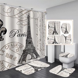Chrainy 4Pcs Paris Eiffel Tower Shower Curtain Sets Bathroom Set Decor with Non-Slip Rugs Bath U-Shaped Mat Toilet Lid Cover Waterproof Vintage Word Art Bathroom Curtains Shower Set with 12 Hooks