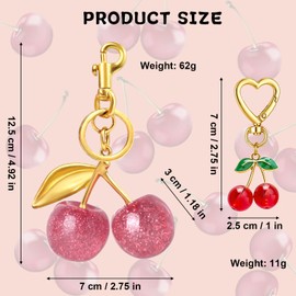 Cherry Bag Charm Purse Charms Keychain, 2Pcs Elegant Purse Bag Charm Cherry Keychain Cute Bag Charms for Handbags Gift and More,Pink