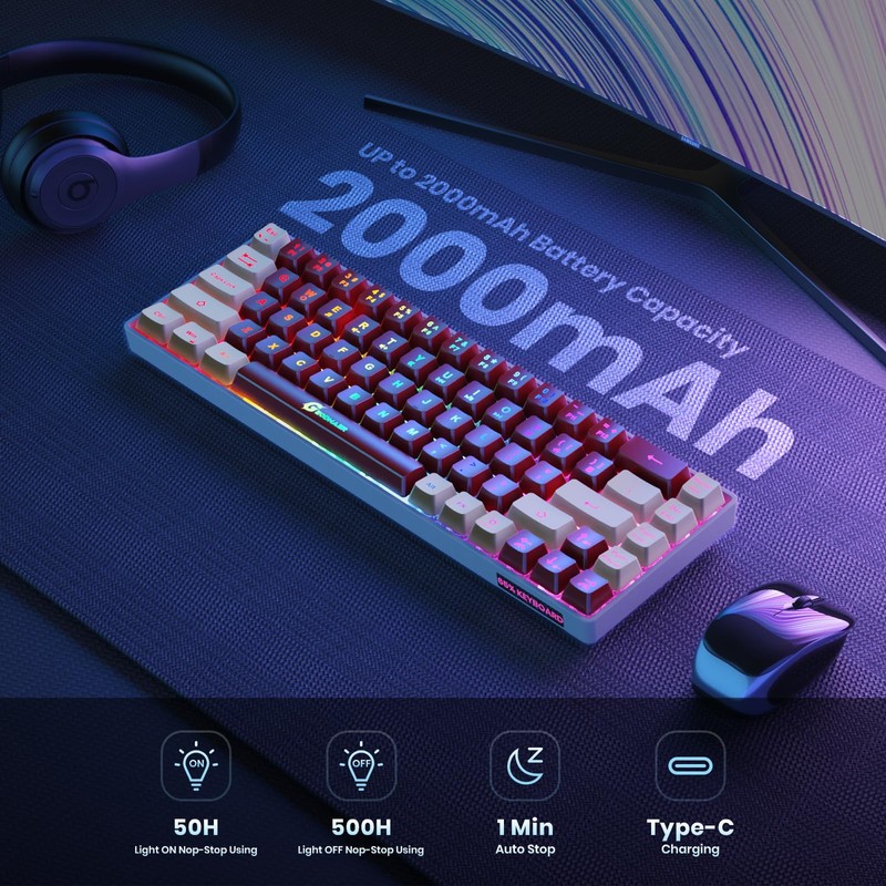 GEODMAER 65% Wireless Gaming Keyboard, LED Backlit Gaming Keyboard, 68