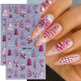 2 Sheets Embossed Christmas Nail Art Stickers Decals 5D Christmas Tree Letters Bows Self-Adhesive Nail Decals Supply Winter Holidays Xmas Nail Stickers for Women DIY Manicure Xmas Nails Decoration