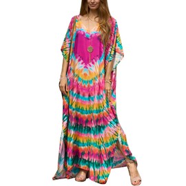 YouKD Women's Summer Bohemian Long Kaftan Ethnic Pattern Maxi Dress Beach Bikini Cover Ups Sunblock, A Love