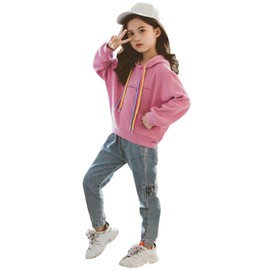 amropi Girl's Clothing Set Hooded Sweatshirt and Jogging Jeans Pants Outfits Pink,5-6 Years
