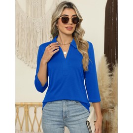 ZHENWEI Womens Work Shirts Business Casual 3/4 Sleeve V Neck Polo Tops Cute Collared Blouse Summer Tee,Royal Blue,M