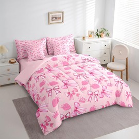 Cute Bowknot 7 Pieces Bedding Set Full,Cartoon Princess Style Crown Bow-tie Dreamy Pink Bed in a Bag for Young,Sweet Strawberry Tropical Fruits Comforter Set with Sheets,Pillow Covers