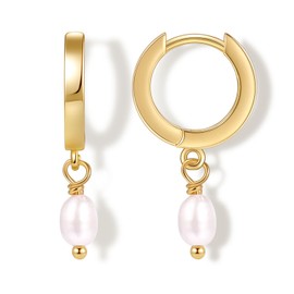Fiusem Pearl Dangle Earrings for Women, 14K Gold Plated Small Hoops and Pearl Drop Earrings, 10mm Huggie Earrings, Pearl Hoop Earrings
