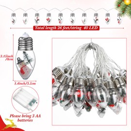 Aurelema Christmas Bulb String Lights 26 ft 40 LED Vintage Christmas Tree Snow Globe Lights with Cute Ornaments for Xmas Indoor Outdoor Home Office Table Party Decor Battery Operated (Multicolor)