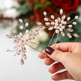 Heread Pearl Bride Wedding Hair Pins Rose Gold Crystal Bridal Head Piece Accessories for Women and Girls (Pack of 2)
