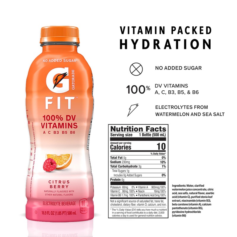 Gatorade Fit Electrolyte Beverage, Healthy Real Hydration, Citrus Berry, 16.9.oz