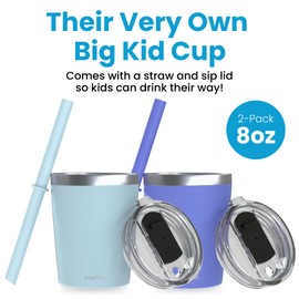 CUPKIN Baby Sippy Cups for Toddlers, The Original 8 oz Stackable Stainless Steel Baby Cup, Set of 2 Powder Coated Insulated Sippy Cup & BPA Free Lids + Reusable Silicone Straws (Aqua + Periwinkle)