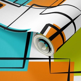 Peel & Stick Wallpaper Swatch - Retro Abstract Box 1960S Mod Lime Orange Mid Century Modern Vintage Custom Removable Wallpaper by Spoonflower