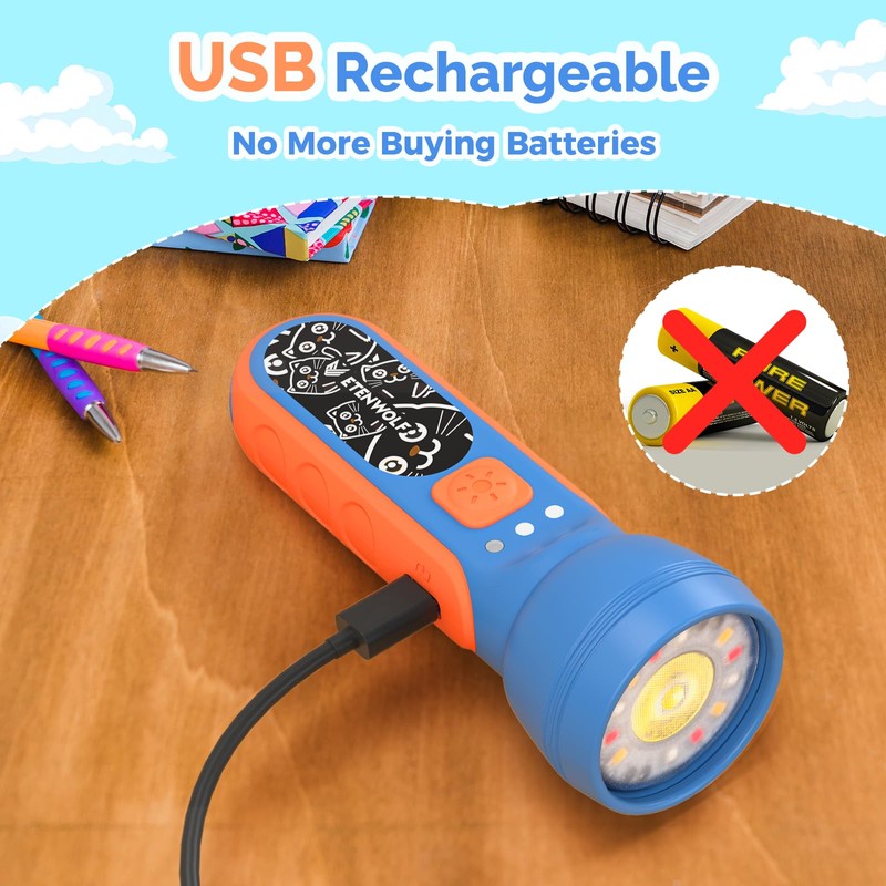 ETENWOLF L1 Rechargeable Flashlight for Kids,LED Flashlight with Fun DIY