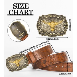 KorhLeoh Men's-Western-Leather-Buckle-Belts-Cowboy-Longhorn-Bull-Head-Buckle-Belt-Floral-Engraved-Buckle-Belt-for-Women