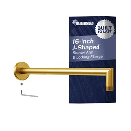 HammerHead Showers® Solid Metal 16 Inch Extended Shower Arm and Flange with Set Screw, Long Shower Arm, Extends Rain Shower Overhead, Wall-Mounted Rain Shower Arm, Brushed Gold