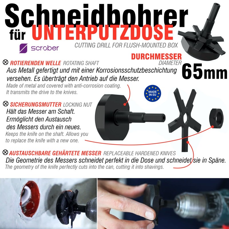 SCROBER Universal Cutting Drill Bit for Flush-Mounted Box Diameter 65