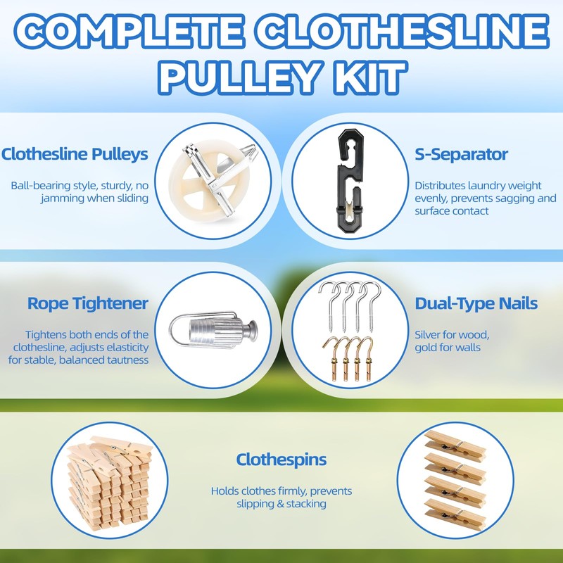 Clothesline Kit Outdoors, Clothes Line Pulley Kit, 164ft Polyester Clothes