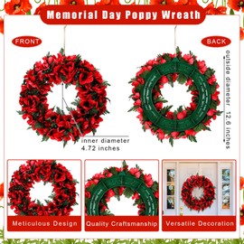 Dingion Memorial Day Poppy Wreath 12.6'' Artificial Spring Summer Wreaths with Poppy Flowers Green Leaves Front Door Floral Wreath for Outdoor Indoor Home Farmhouse Independence and Veterans Day Decor