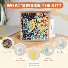 E2CTiles Hummingbird Ceramic Mosaic Art Kit, DIY Mosaic Tile Craft Kit for Adults & Kids 8 Ages, Easy to Make, No Experience & No Cutting Needed, Gift Idea, Home Decor Art, Full Mosaic Supplies