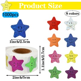 1000 PCS Star Stickers, Star Smile Face Stickers, 1 Inch 8 Colors Self Adhesive Glitter Foil Stars Sticker Incentive Reward Sticker for Kids, Behavior Chart, School Student Teacher Office Supplies