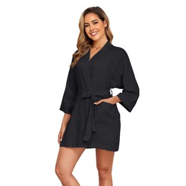 FIOPHY Womens 100% Linen Kimono Robes Soft Lightweight Short Bathrobe Sleepwear Pajamas Nightgowns Loungewear with Pockets Black XL