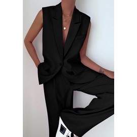 PRETTYGARDEN Women's 2 Piece Outfits Sleeveless Suit Vest and Wide Leg Pants Business Casual Blazer Sets (Black,Large)