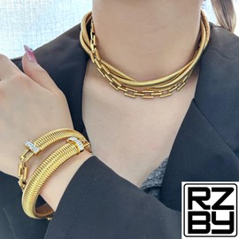 18K Gold Plated Waterproof Stainless Steel Bracelet, Designer Chunky Style, 12mm Wide, Crystal Zirconia Accents, Jewellery Gift Pouch Included