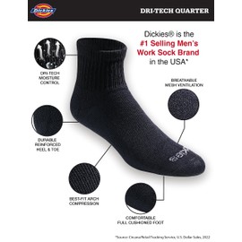 Dickies Men's Dri-Tech Moisture Control Quarter Socks, Available in M-XXL (6, 18, Solid Black (12 Pairs), X-Large