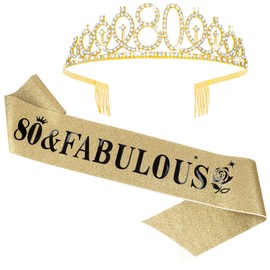 Casoty Gold 80th Birthday Sash and Tiara for Women, 80th Birthday Decorations Women, 80 & Fabulous Sash and Crown Set, 80th Birthday Party Decorations, 80th Birthday Gifts for Women