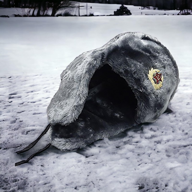 Gray Fur Winter Ushanka Hat with RED STAR Emblem (X-LARGE)