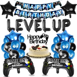 Video Game Birthday Decoration Set, XXL Gaming Controller Foil Balloons with Garland, Gamer Party Children's Birthday, Balloons Game Blue Black for Game Themes Party Birthday Decoration Boy