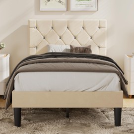 VECELO Twin Size Bed Frame, Upholstered Platform with Adjustable Diamond Tufted Headboard, Wood Slat Support, No Box Spring Needed, Beige