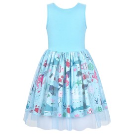 Big Girls Summer Dress Size 10-12 Cute Sea Creatures Print Blue Shirt Dresses Knee Length Sleeveless Sundresses
