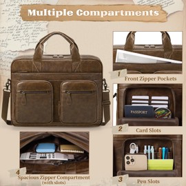 RAINSMORE Vintage Messenger Bag for Men PU Vegan Leather Computer Laptop Bag 15.6 Inch Waterproof Briefcases for Men Retro Mens Briefcase Satchel Bag for Work Office Business Travel Brown