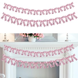 2 Pcs Bow Garland 6.9Ft Bow Garland Banner Silk Bow Hanging Banner for Baby Shower Decor Coquette Bachelorette Birthday Party Photobooth Backdrop (Pink) New Packaging