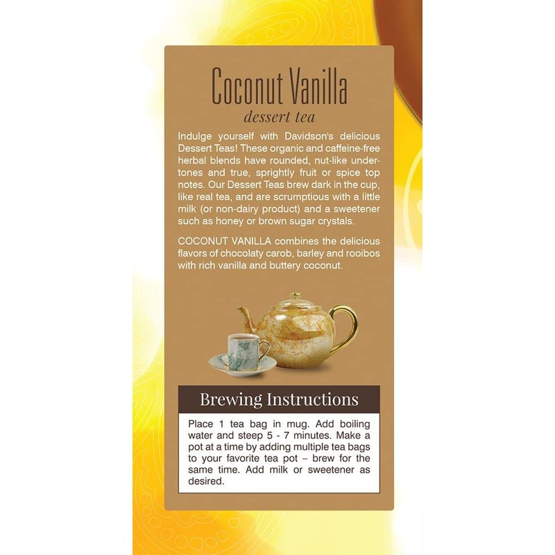Davidson's Organics, Coconut Vanilla, 25-count Tea Bags, Pack of 6