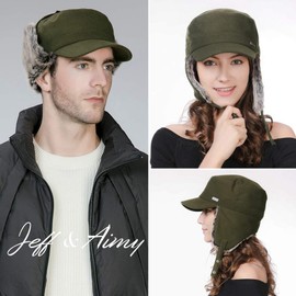Jeff & Aimy Mens Large Winter Baseball Army Cap Trapper Warm Lined Military Hunting Hat Women Faux Fur Earflaps Muffs Cold Weather Green