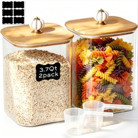 2 Pack 3.7 Qt Large（120oz）Glass Food Storage Containers with Lids,Square Glass Jars with a handle for Flour, Cereal,Rice,Pasta,Oats,Sugar and Coffee Beans. (with 2 Measuring Spoons and Black Lable)