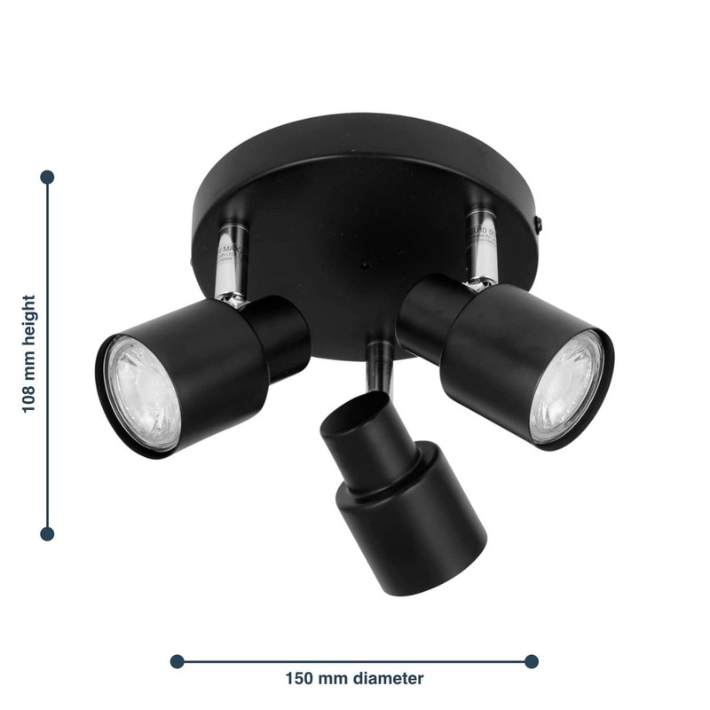 firstchoicelighting Black Bathroom Ceiling Spotlight, Modern 3 Way Adjustable Spot