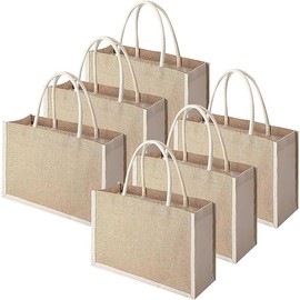 6 Pack Burlap Tote Bags, Reusable Jute Tote Beach Bags with Handles Gift Totes Grocery Bags for Women Bridesmaid DIY Embroidery, Shopping, Trip, Wedding Party, 32 x 22 x 10cm