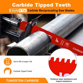 5 Pack 9 Inch 8 Tpi Carbide Reciprocating Saw Blades for Thick Metal Cutting, Cast Iron and Alloy Steel Cutting Sawzall Blades with Carbide Tipped Teeth for Longer Life and Faster Cutting Speed