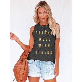 Women Drinks Well with Others Tank Top Summer Casual O Neck Sleeveless Shirt Top Size S (Black)
