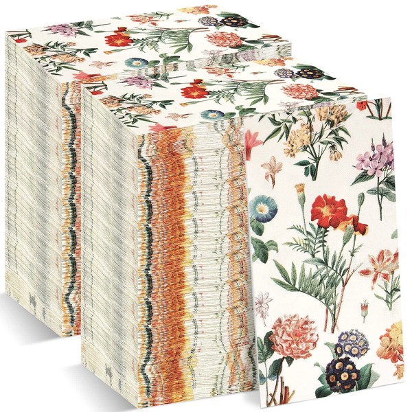 100 Pack Paper Napkins Watercolor Floral Vintage Wild Flower Disposable Hand Towels Decorative Paper Guest for Bathroom Wedding Birthday Party Baby Shower