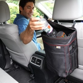 EcoNour Car Trash Can with Lid & Storage Pockets | Waterproof Garbage Bag for Car with 2.5 Gallons | Hanging Car Organizer with Removable Inner Can | Multipurpose Bag | Black