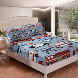 Feelyou Cartoon Police Car Sheet Set Red Fire Truck Bed Sheets for Kids Boys Toddler Fire Extinguisher Bed Set Airplane Bedding Sheets 1 Bed Sheets with 2 Pillowcases Full Size