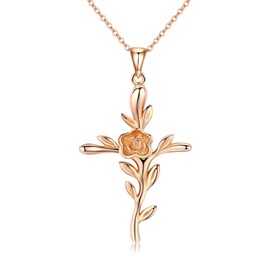 CUOKA MIRACLE Cross Necklace, Rose Flower Pendant Necklace Crucifix Necklace Rose Gold Plated Religious Jewelry Christmas Birthday Gift for Women Men (rose gold), Metal