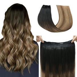 SAFIRENY Fish Line Hair Extensions Natural Black to Chocolate Brown and Caramel Blonde Extensions Invisible Wire Hair Extensions Real Human Hair Straight 14inch 70g Hair Extensions(#1B/4/27-14inch)