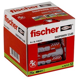 Fischer Duopower 12 x 60, universal dowels, powerful 2-component dowels, plastic dowels for attaching to concrete, bricks, stone, plasterboard and much more, without screws, pack of 25
