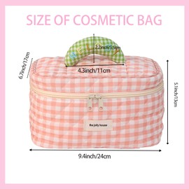 Yucenora Large Travel Quilted Makeup Bag, Cute Bow Cotton cosmetic bag, Travel Toiletry Make Up Organizer Bags for Women and Girls (Pink Grid)