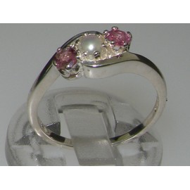 LetsBuyGold 925 Sterling Silver Cultured Pearl & Pink Tourmaline Womens Trilogy Ring - Size 11.75