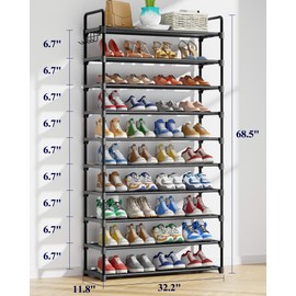 Kitsure Shoe Rack for Closet - 10-Tier Shoe Organizer with Hook Rack, Large-Capacity & Space-Saving Shoe Shelf for Entryway, Bedroom, Living Room,34.3"x11.8"x68.5", Black